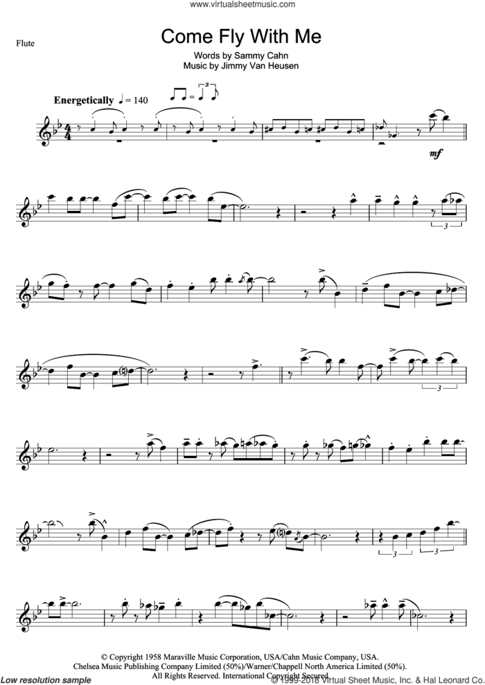 Come Fly With Me sheet music for flute solo by Frank Sinatra, Jimmy Van Heusen and Sammy Cahn, intermediate skill level