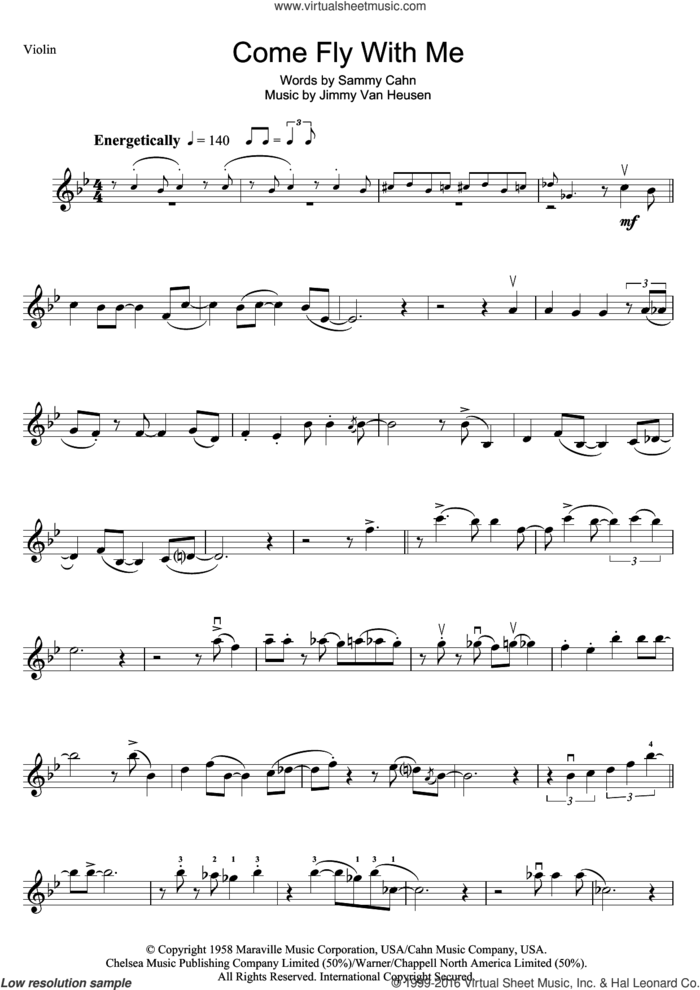 Come Fly With Me sheet music for violin solo by Frank Sinatra, Jimmy Van Heusen and Sammy Cahn, intermediate skill level