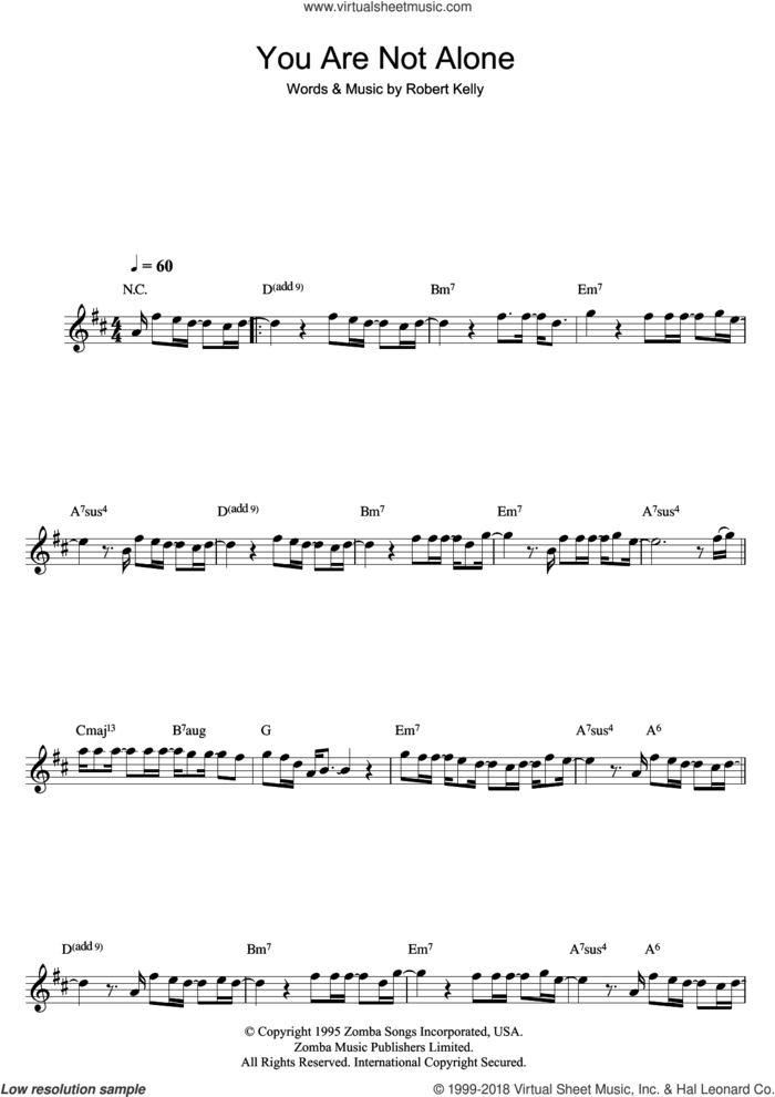 You Are Not Alone sheet music for flute solo by Michael Jackson and Robert Kelly, intermediate skill level