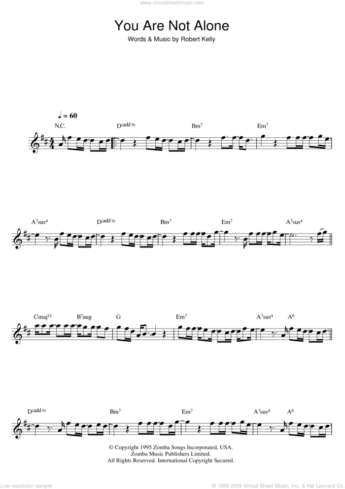 You Are Not Alone sheet music for flute solo by Michael Jackson and Robert Kelly, intermediate skill level