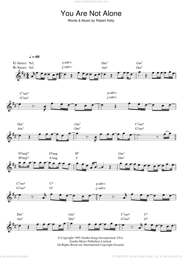 You Are Not Alone sheet music for saxophone solo by Michael Jackson and Robert Kelly, intermediate skill level