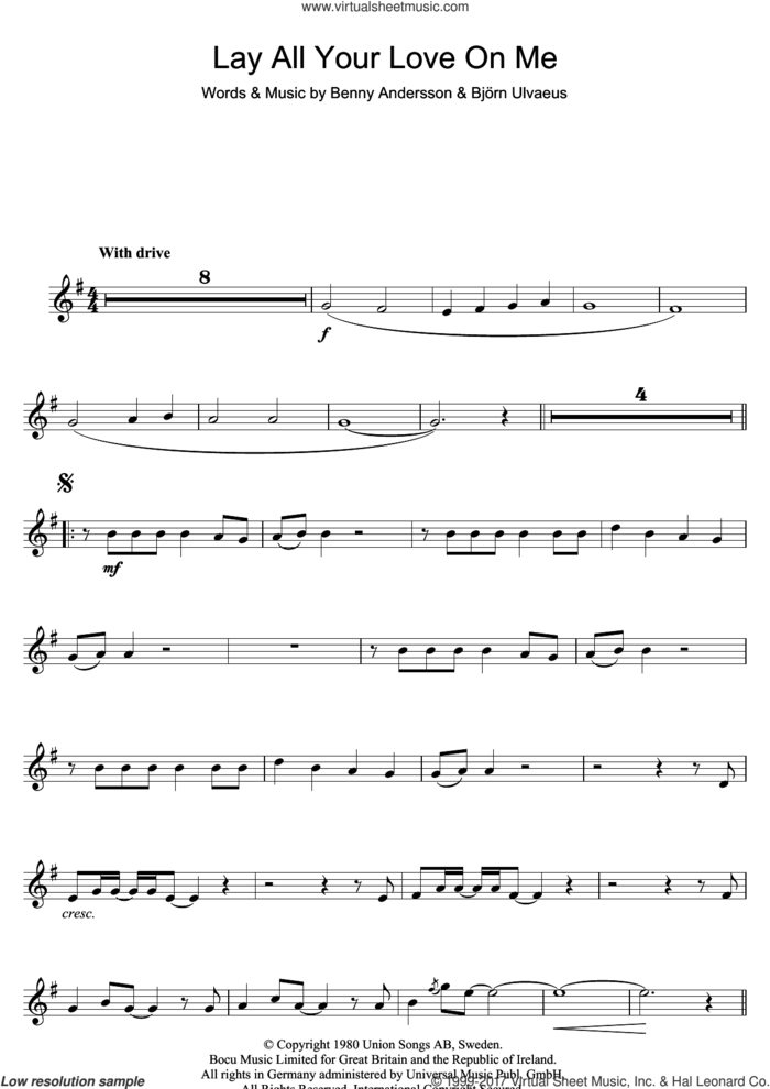 Lay All Your Love On Me sheet music for clarinet solo by ABBA, Benny Andersson and Bjorn Ulvaeus, intermediate skill level