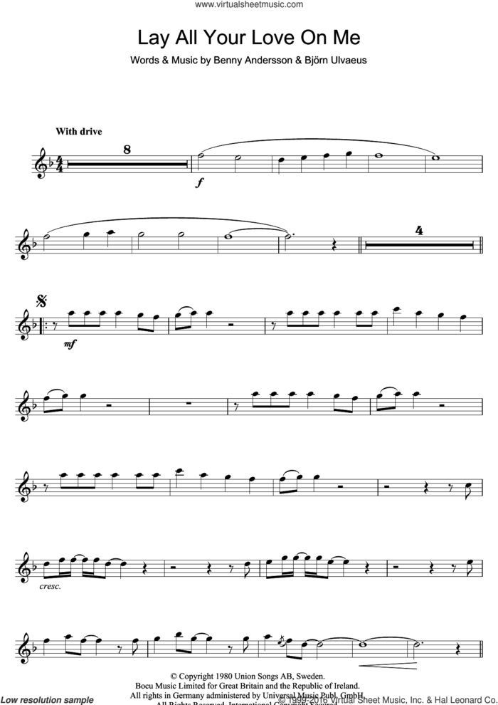 Lay All Your Love On Me sheet music for flute solo by ABBA, Benny Andersson and Bjorn Ulvaeus, intermediate skill level
