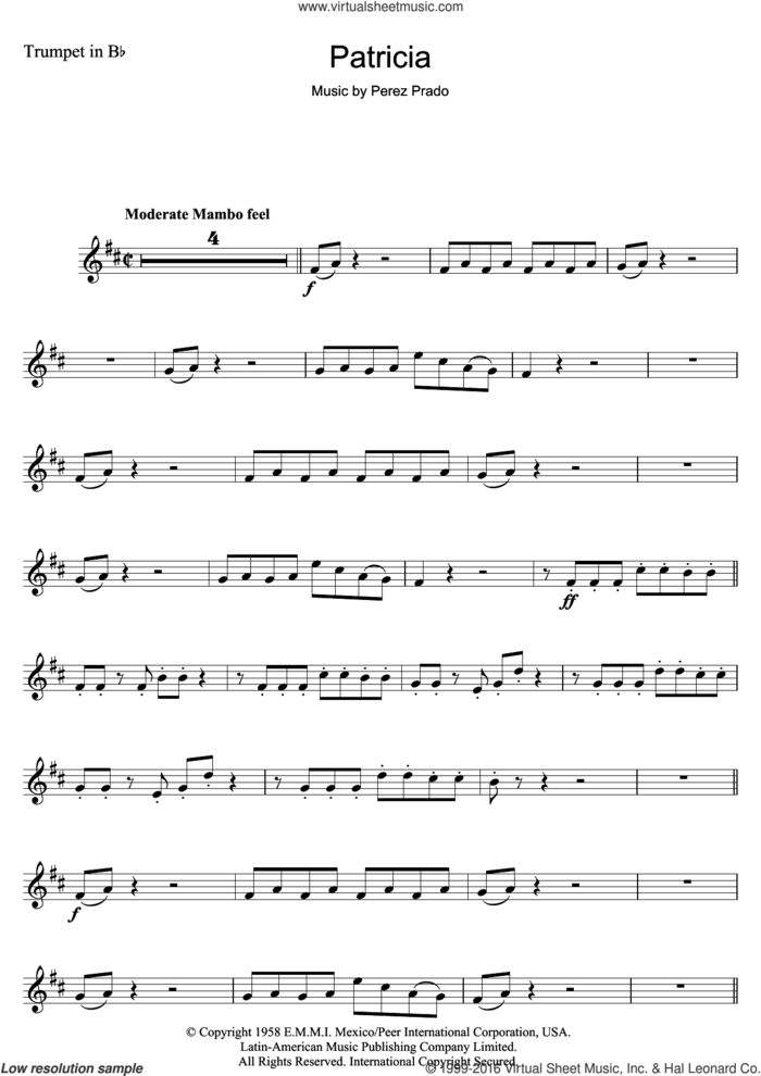 Patricia sheet music for trumpet solo by Perez Prado, intermediate skill level