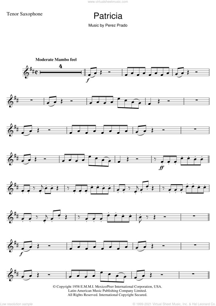 Patricia sheet music for tenor saxophone solo by Perez Prado, intermediate skill level