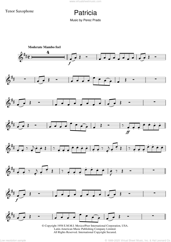 Patricia sheet music for tenor saxophone solo by Perez Prado, intermediate skill level