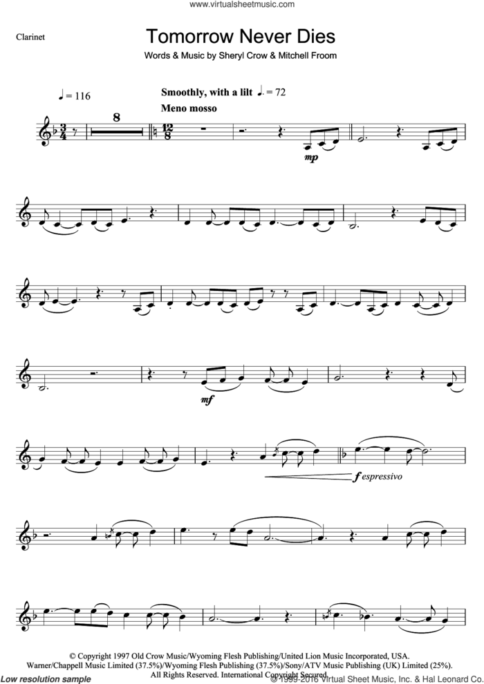 Tomorrow Never Dies sheet music for clarinet solo by Sheryl Crow and Mitchell Froom, intermediate skill level