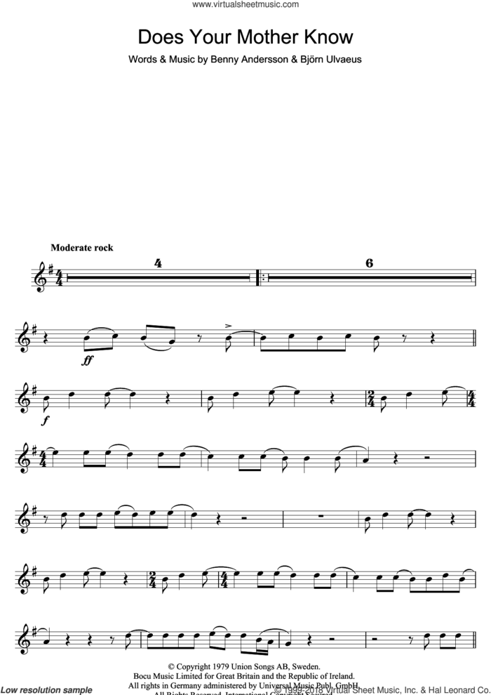 Does Your Mother Know sheet music for flute solo by ABBA, Benny Andersson and Bjorn Ulvaeus, intermediate skill level