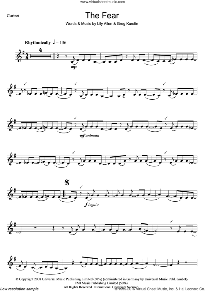 The Fear sheet music for clarinet solo by Lily Allen and Greg Kurstin, intermediate skill level