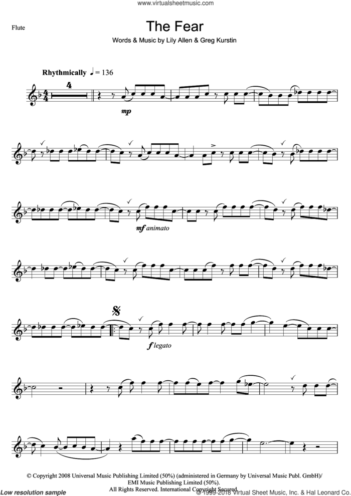 The Fear sheet music for flute solo by Lily Allen and Greg Kurstin, intermediate skill level