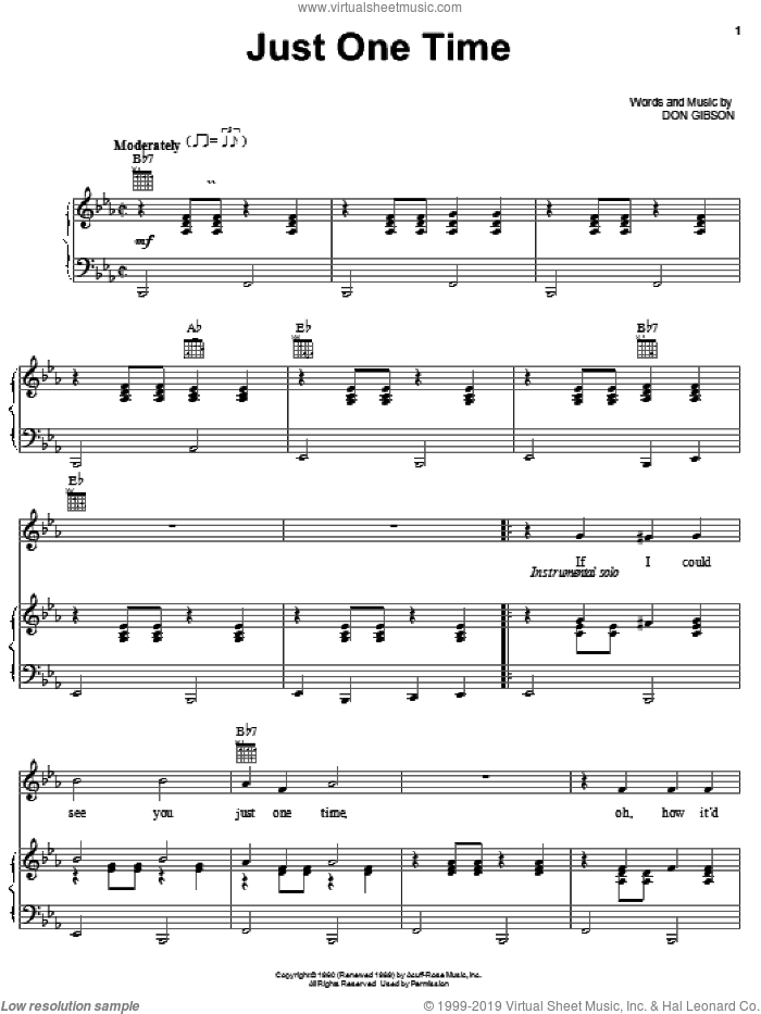 Just One Time sheet music for voice, piano or guitar by Don Gibson, intermediate skill level