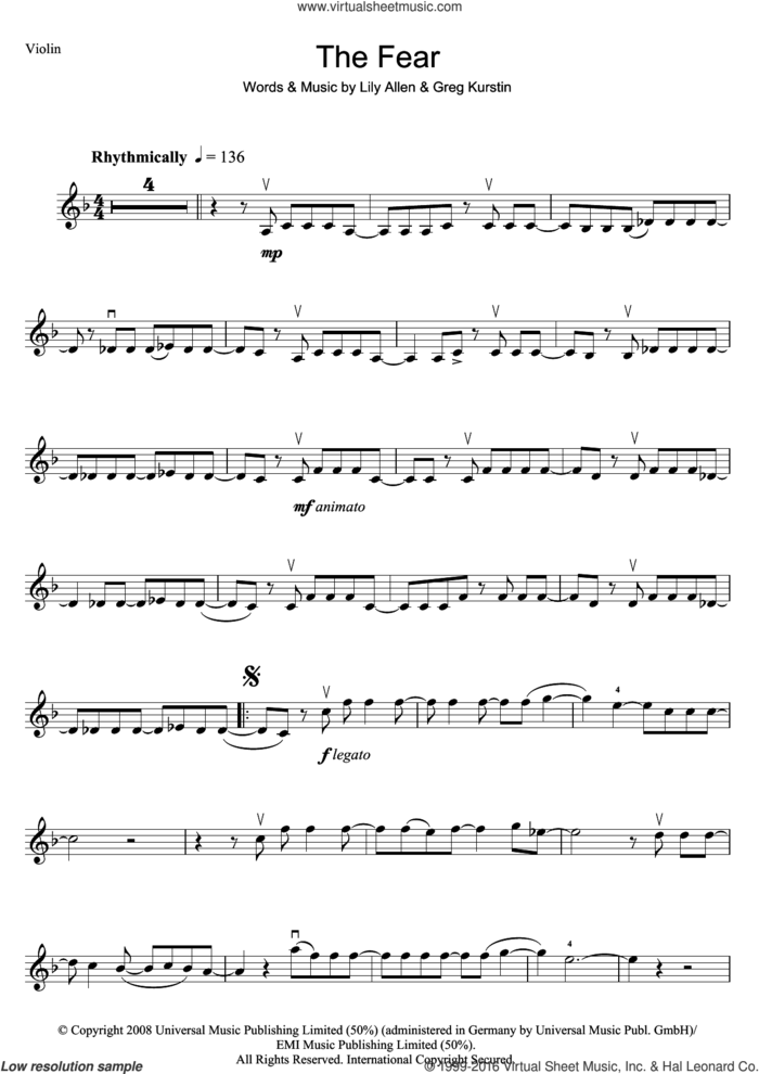 The Fear sheet music for violin solo by Lily Allen and Greg Kurstin, intermediate skill level