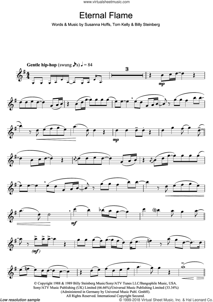 Eternal Flame sheet music for flute solo by Atomic Kitten, Billy Steinberg, Susanna Hoffs and Tom Kelly, intermediate skill level