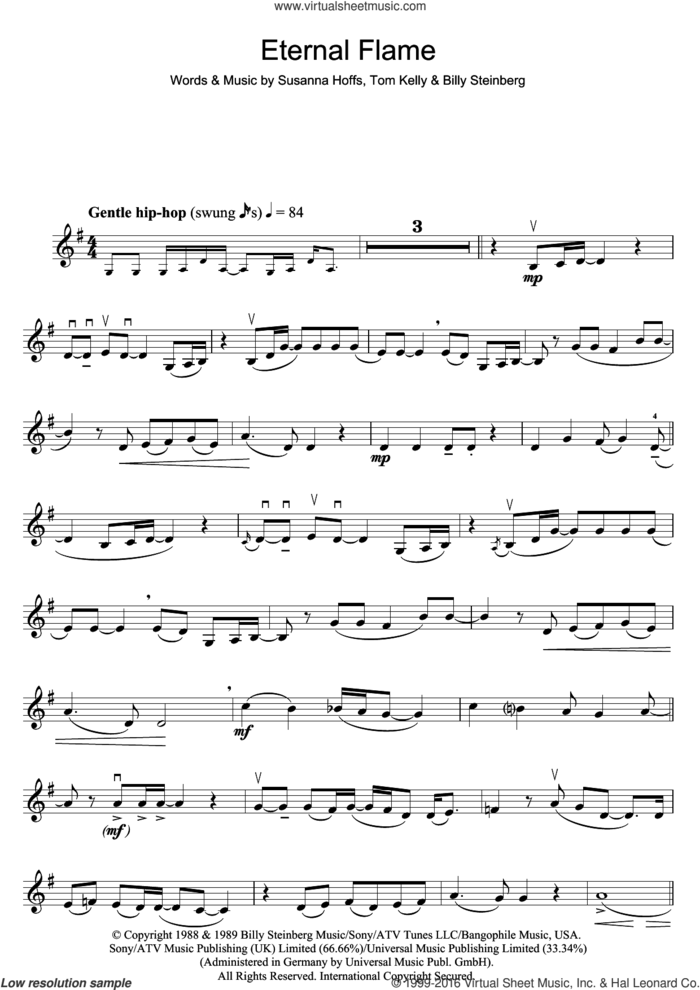 Eternal Flame sheet music for violin solo by Atomic Kitten, Billy Steinberg, Susanna Hoffs and Tom Kelly, intermediate skill level