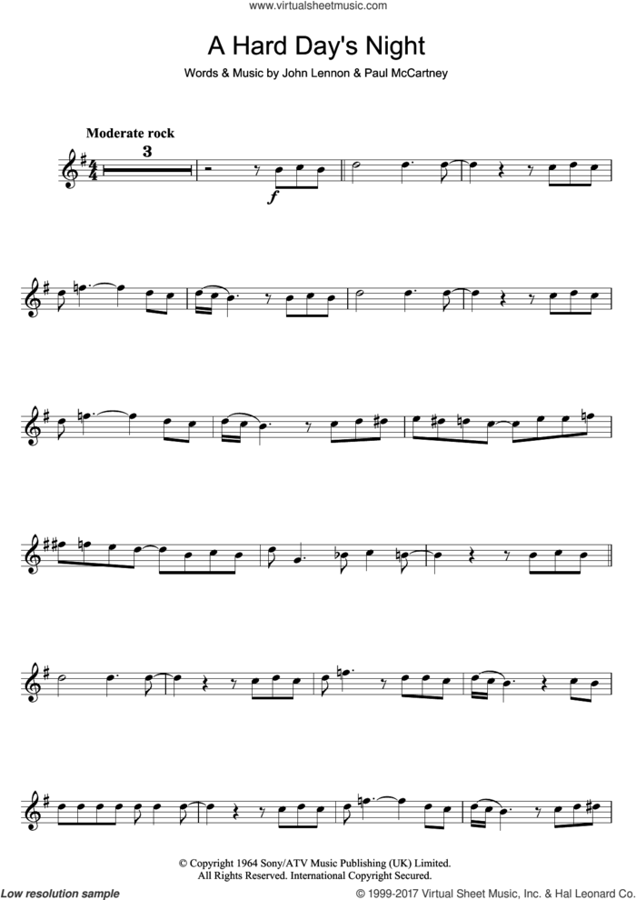 A Hard Day's Night sheet music for clarinet solo by The Beatles, John Lennon and Paul McCartney, intermediate skill level