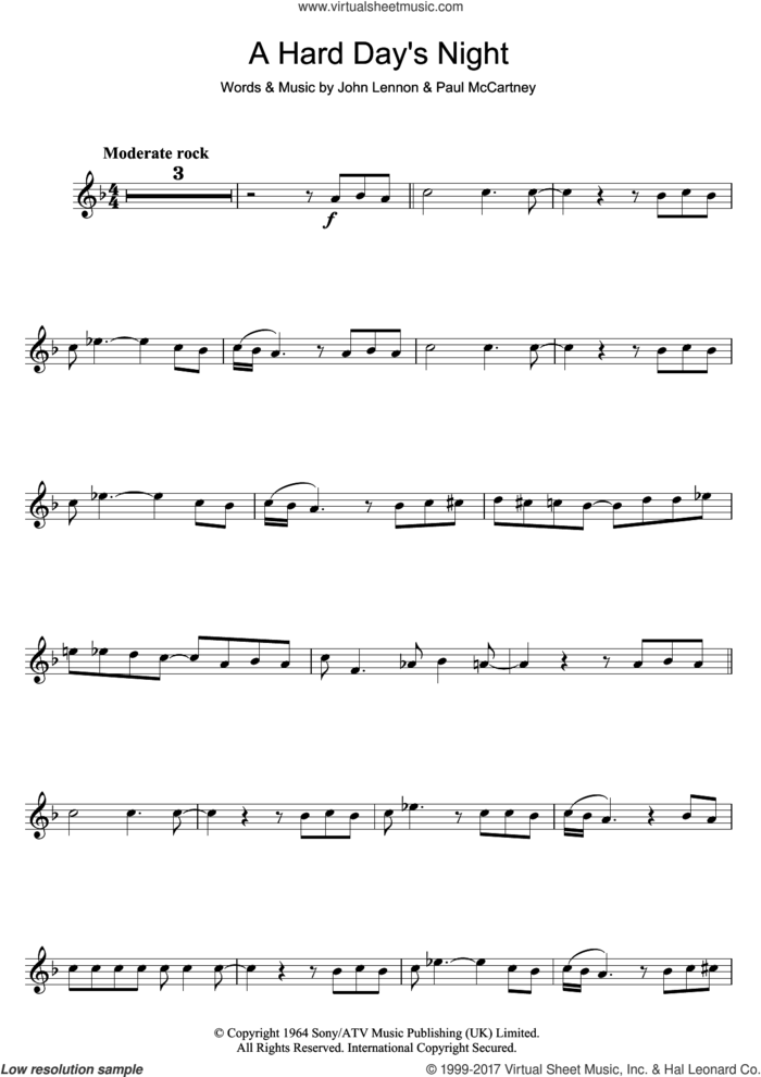 A Hard Day's Night sheet music for flute solo by The Beatles, John Lennon and Paul McCartney, intermediate skill level