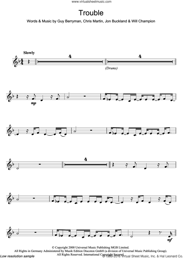 Trouble sheet music for clarinet solo by Coldplay, Chris Martin, Guy Berryman, Jonny Buckland and Will Champion, intermediate skill level