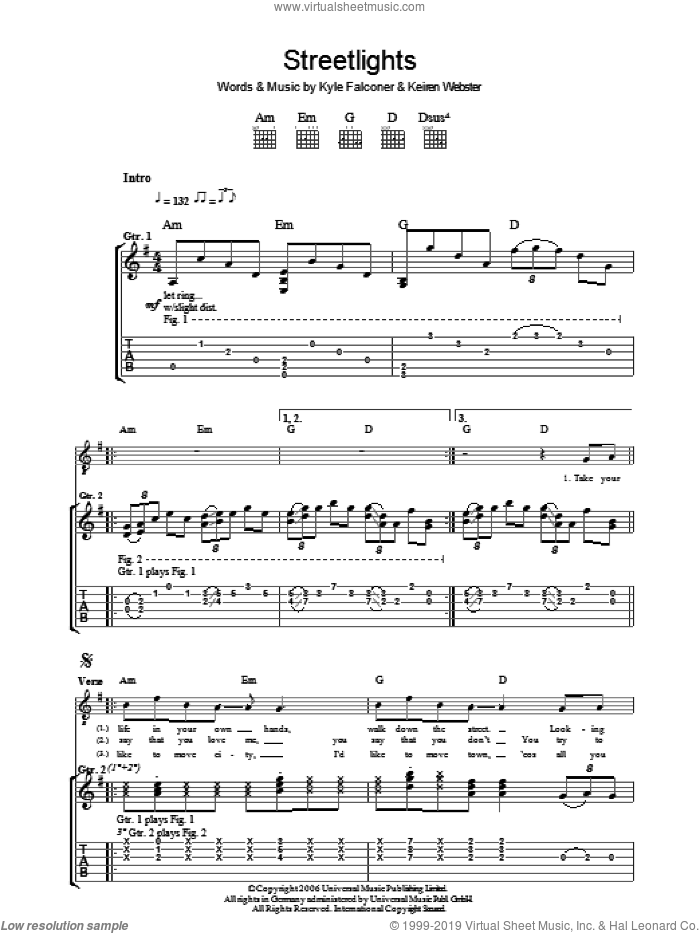 Streetlights sheet music for guitar (tablature) by The View, Keiren Webster and Kyle Falconer, intermediate skill level