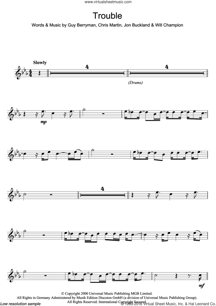 Trouble sheet music for flute solo by Coldplay, Chris Martin, Guy Berryman, Jonny Buckland and Will Champion, intermediate skill level