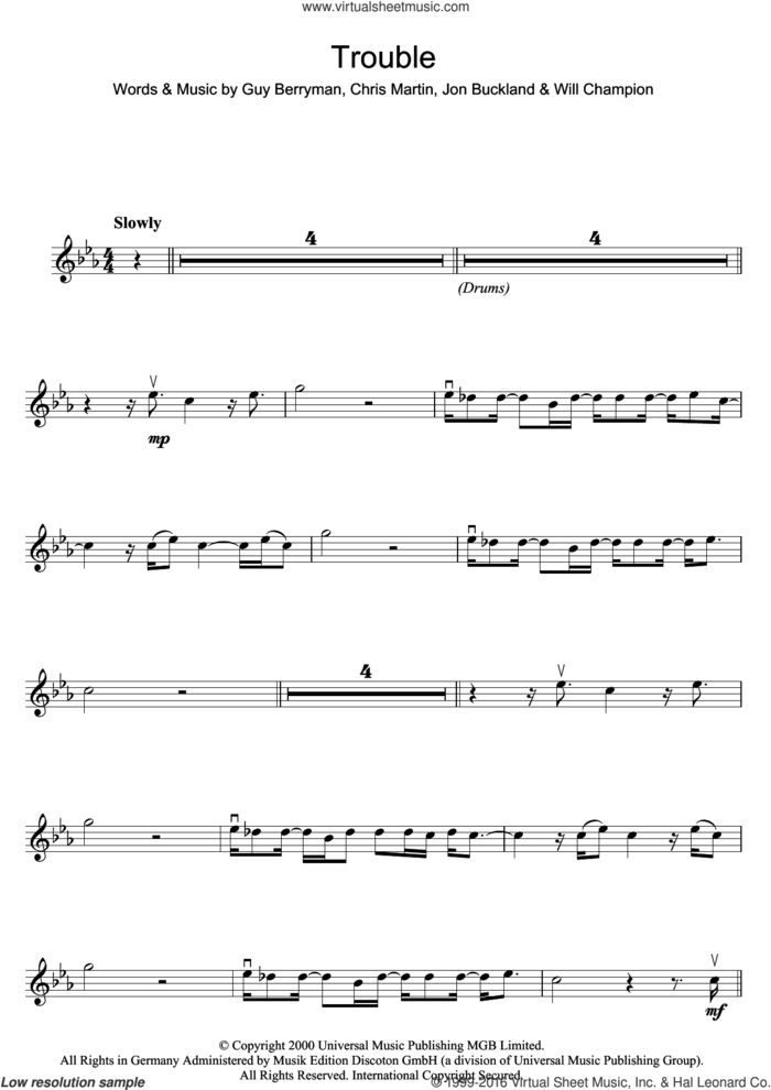 Trouble sheet music for violin solo by Coldplay, Chris Martin, Guy Berryman, Jonny Buckland and Will Champion, intermediate skill level