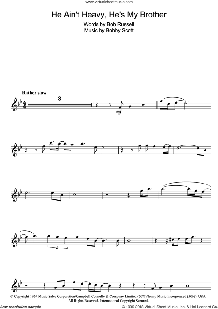 He Ain't Heavy, He's My Brother sheet music for flute solo by The Hollies, Bob Russell and Bobby Scott, intermediate skill level