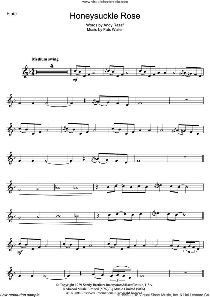 Honeysuckle Rose sheet music for flute solo by Andy Razaf and Thomas Waller, intermediate skill level