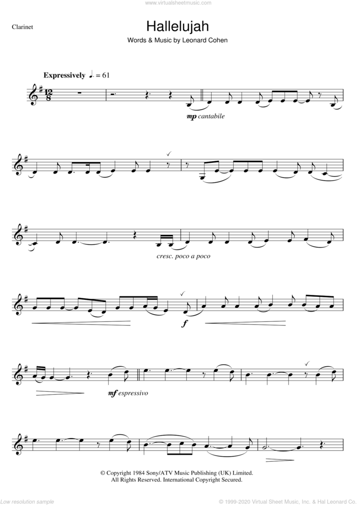 Hallelujah sheet music for clarinet solo by Alexandra Burke and Leonard Cohen, intermediate skill level