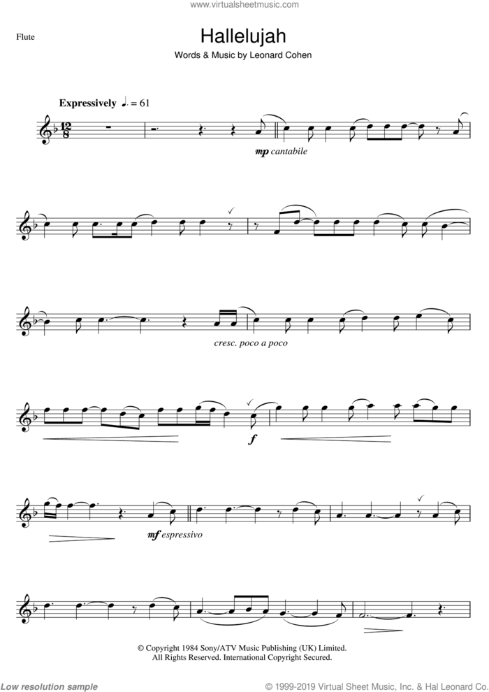 Hallelujah sheet music for flute solo by Alexandra Burke and Leonard Cohen, intermediate skill level