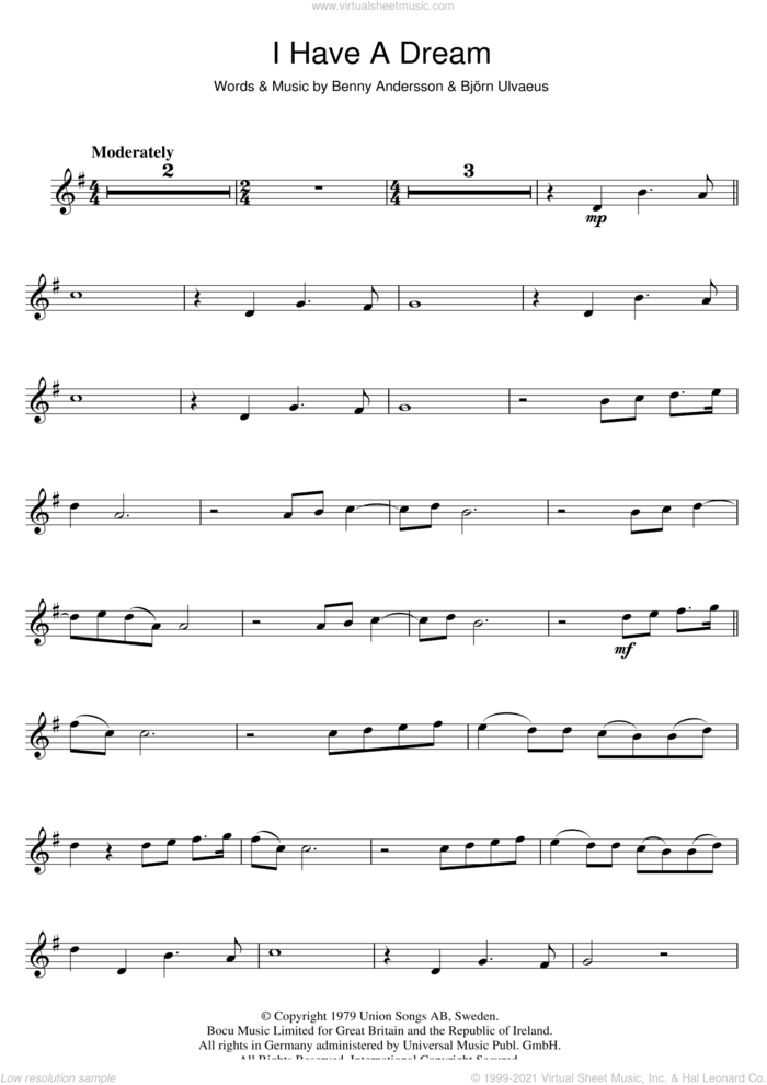 I Have A Dream sheet music for violin solo by ABBA, Benny Andersson and Bjorn Ulvaeus, intermediate skill level