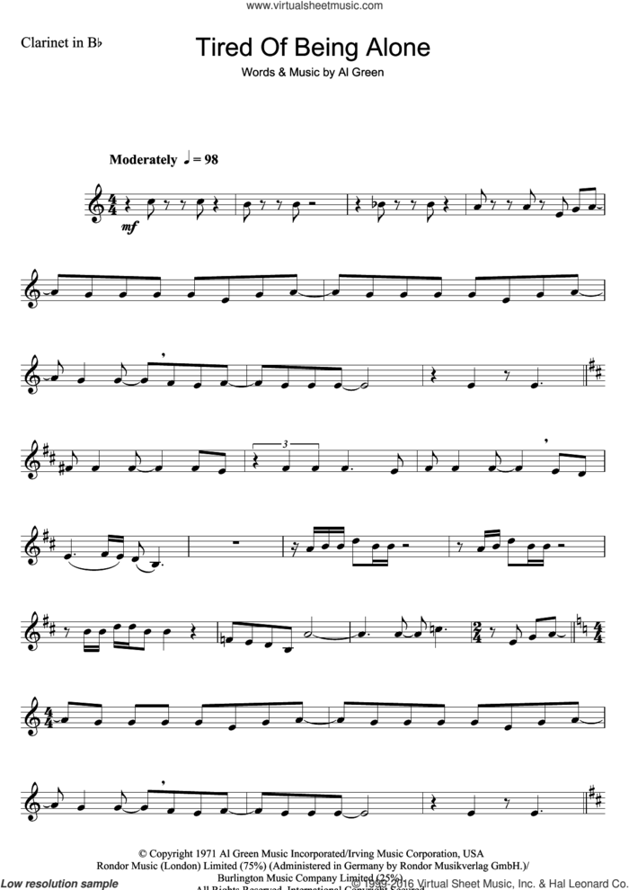 Tired Of Being Alone sheet music for clarinet solo by Al Green, intermediate skill level