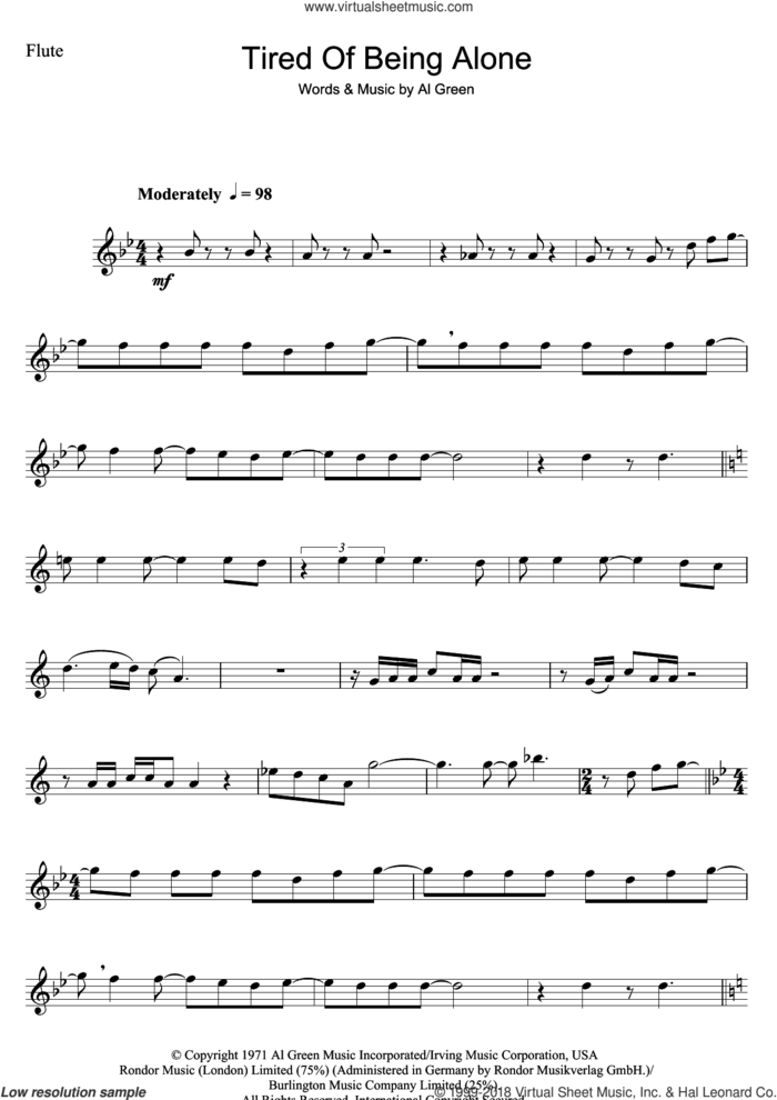 Tired Of Being Alone sheet music for flute solo by Al Green, intermediate skill level