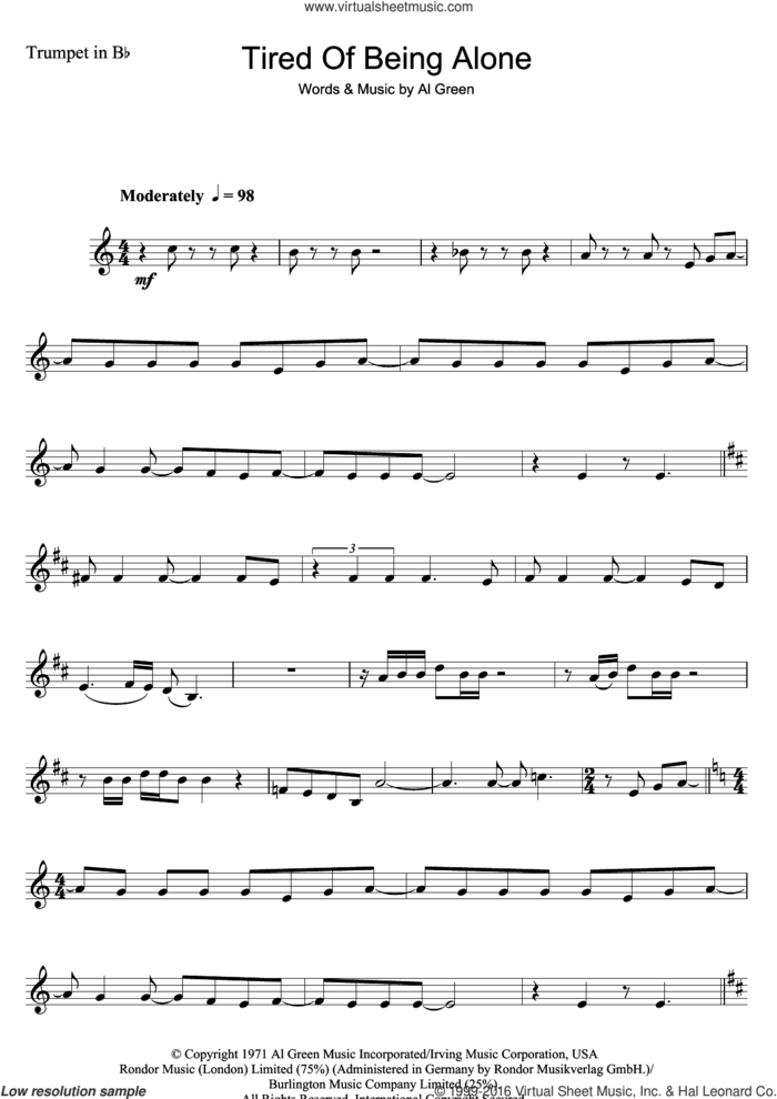 Tired Of Being Alone sheet music for trumpet solo by Al Green, intermediate skill level