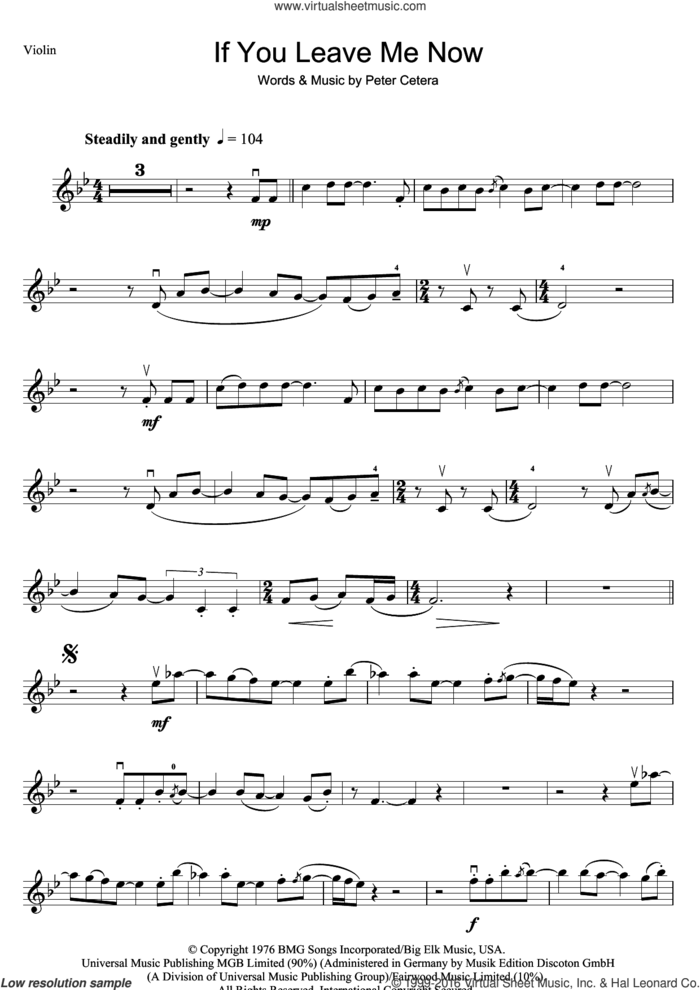 If You Leave Me Now sheet music for violin solo by Chicago and Peter Cetera, intermediate skill level