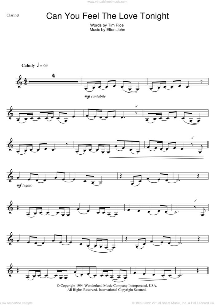 Can You Feel The Love Tonight (from The Lion King) sheet music for clarinet solo by Elton John and Tim Rice, wedding score, intermediate skill level