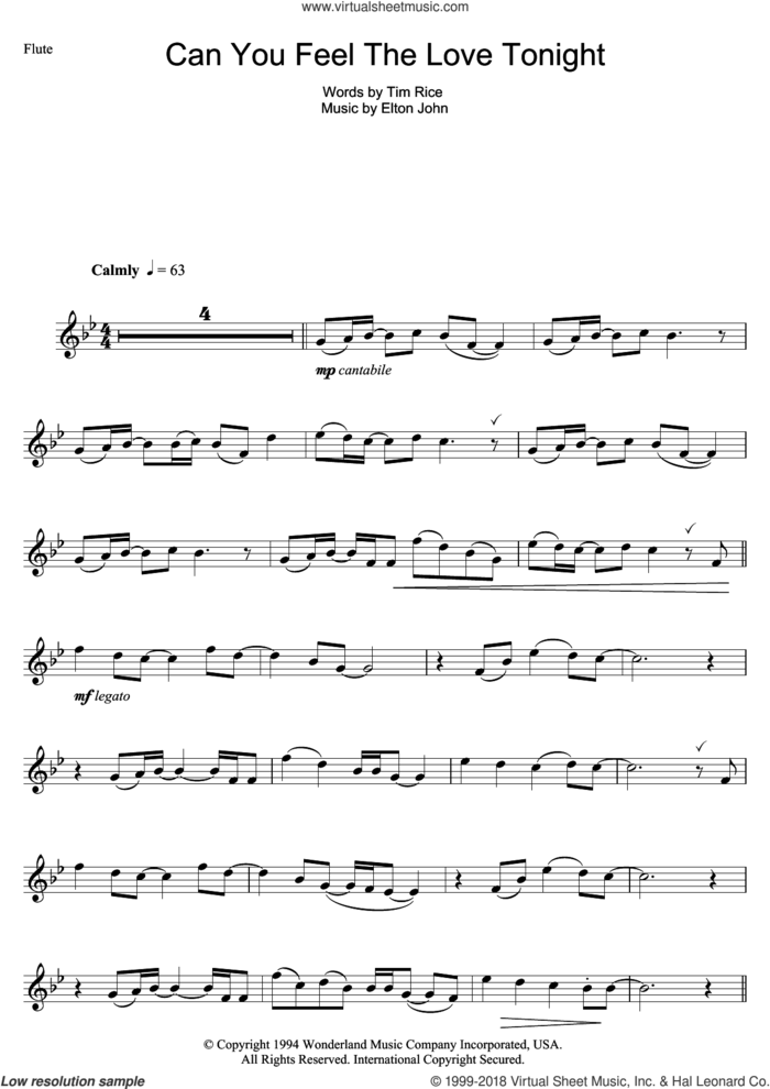 Can You Feel The Love Tonight (from The Lion King) sheet music for flute solo by Elton John and Tim Rice, wedding score, intermediate skill level