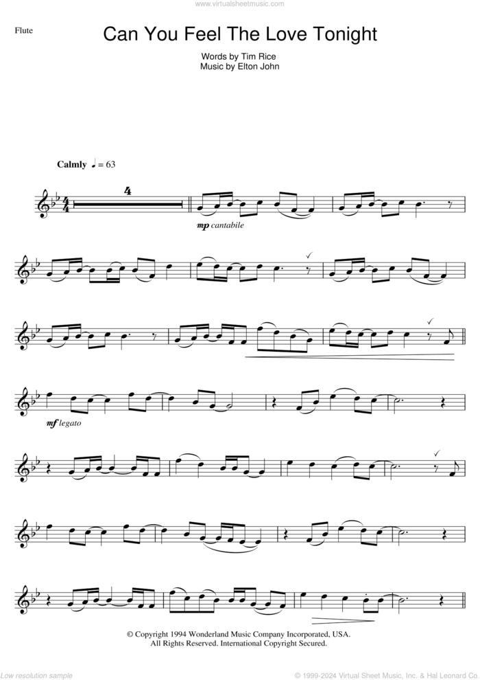 Can You Feel The Love Tonight (from The Lion King) sheet music for flute solo by Elton John and Tim Rice, wedding score, intermediate skill level