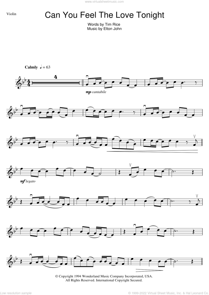 Can You Feel The Love Tonight (from The Lion King) sheet music for violin solo by Elton John and Tim Rice, wedding score, intermediate skill level