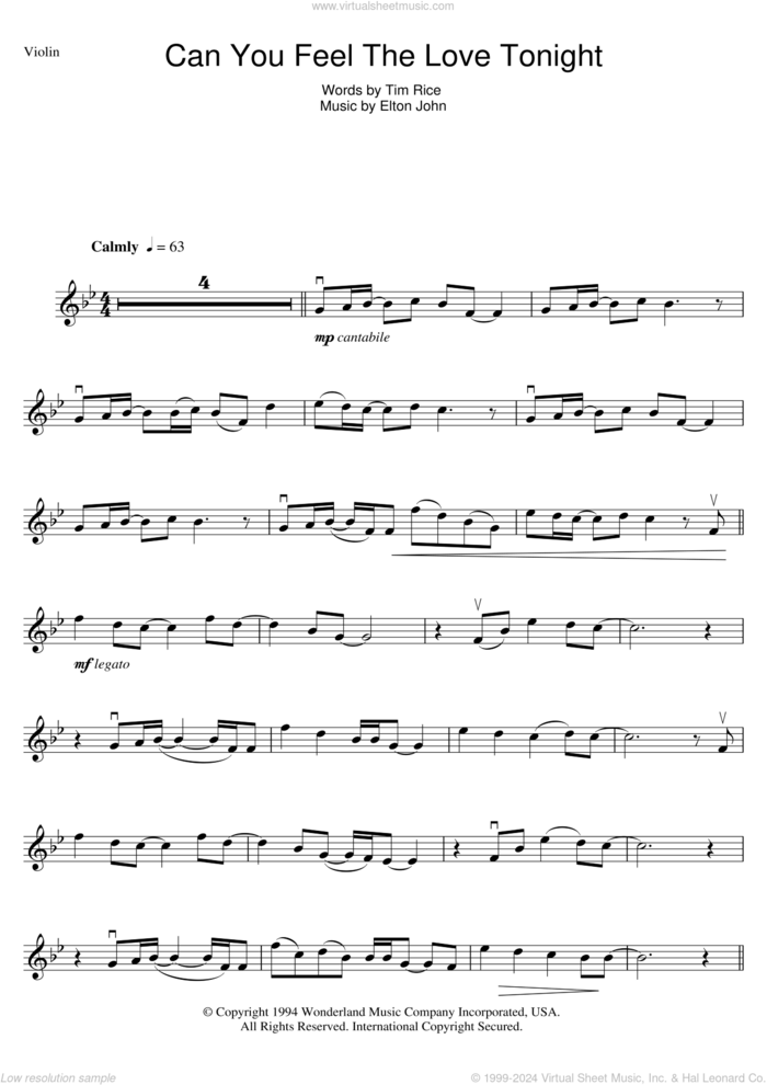 Can You Feel The Love Tonight (from The Lion King) sheet music for violin solo by Elton John and Tim Rice, wedding score, intermediate skill level