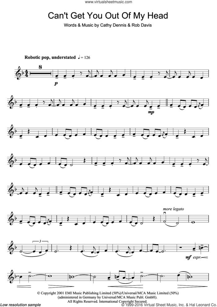 Can't Get You Out Of My Head sheet music for violin solo by Kylie Minogue, Cathy Dennis and Rob Davis, intermediate skill level