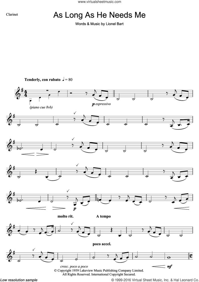As Long As He Needs Me (from Oliver!) sheet music for clarinet solo by Lionel Bart and Oliver!, intermediate skill level