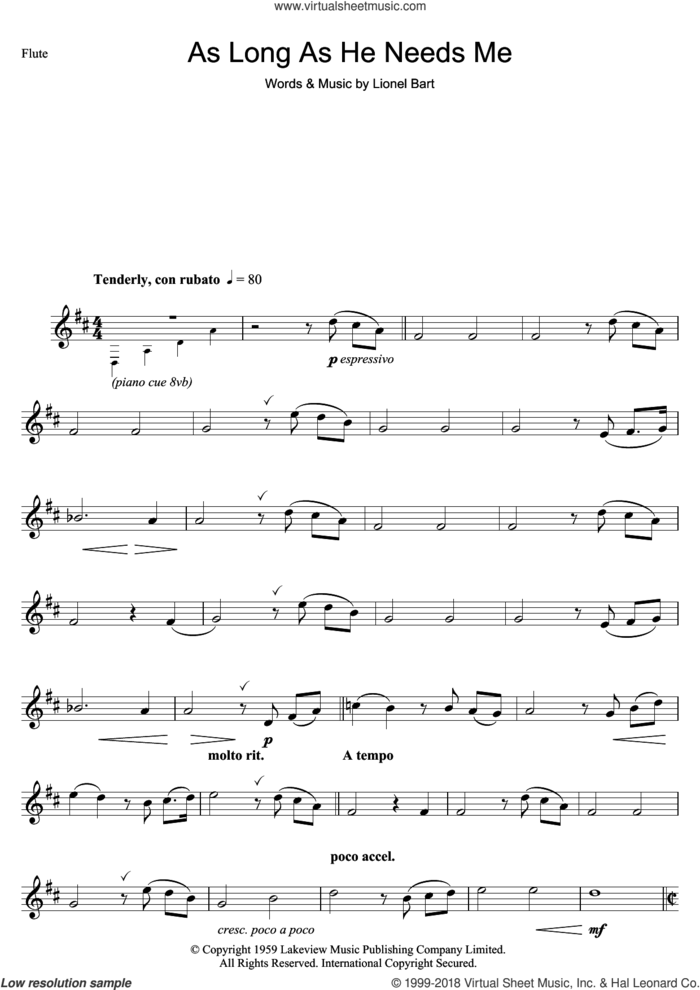 As Long As He Needs Me (from Oliver!) sheet music for flute solo by Lionel Bart and Oliver!, intermediate skill level