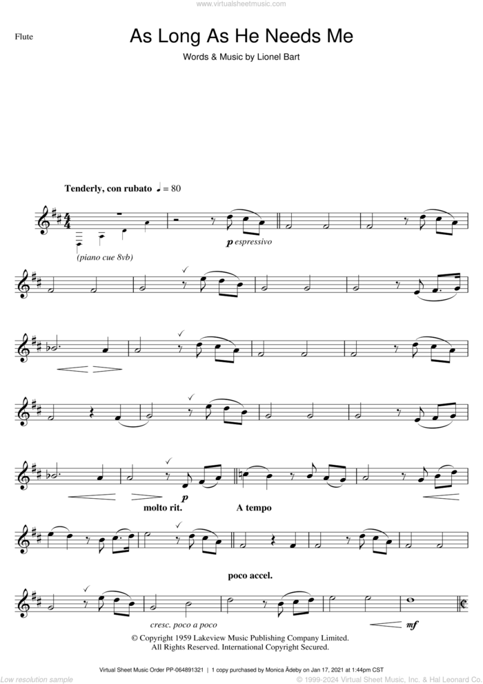 As Long As He Needs Me (from Oliver!) sheet music for flute solo by Lionel Bart and Oliver!, intermediate skill level