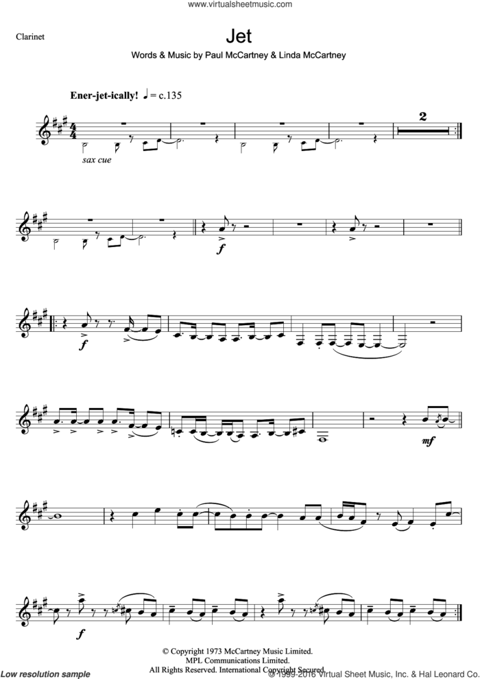 Jet sheet music for clarinet solo by Wings, Paul McCartney and Linda McCartney, intermediate skill level