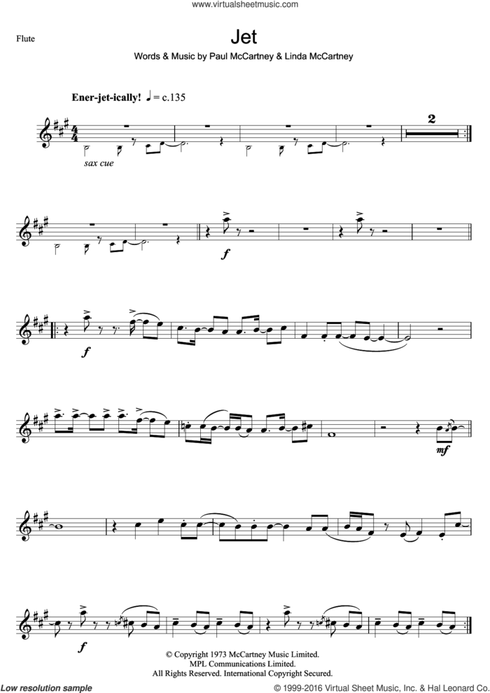 Jet sheet music for flute solo by Linda McCartney, Paul McCartney and Wings, intermediate skill level