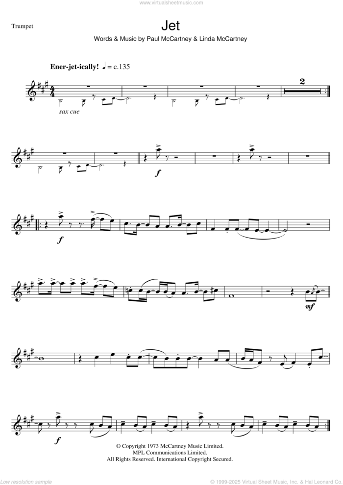 Jet sheet music for trumpet solo by Wings, Paul McCartney and Linda McCartney, intermediate skill level