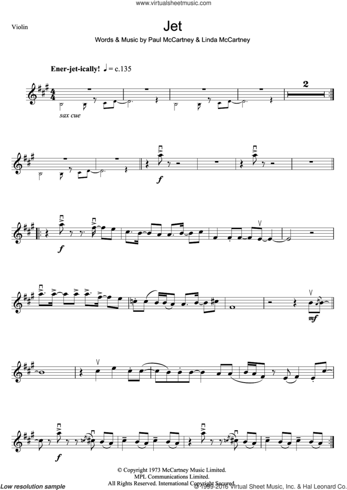 Jet sheet music for violin solo by Wings, Paul McCartney and Linda McCartney, intermediate skill level