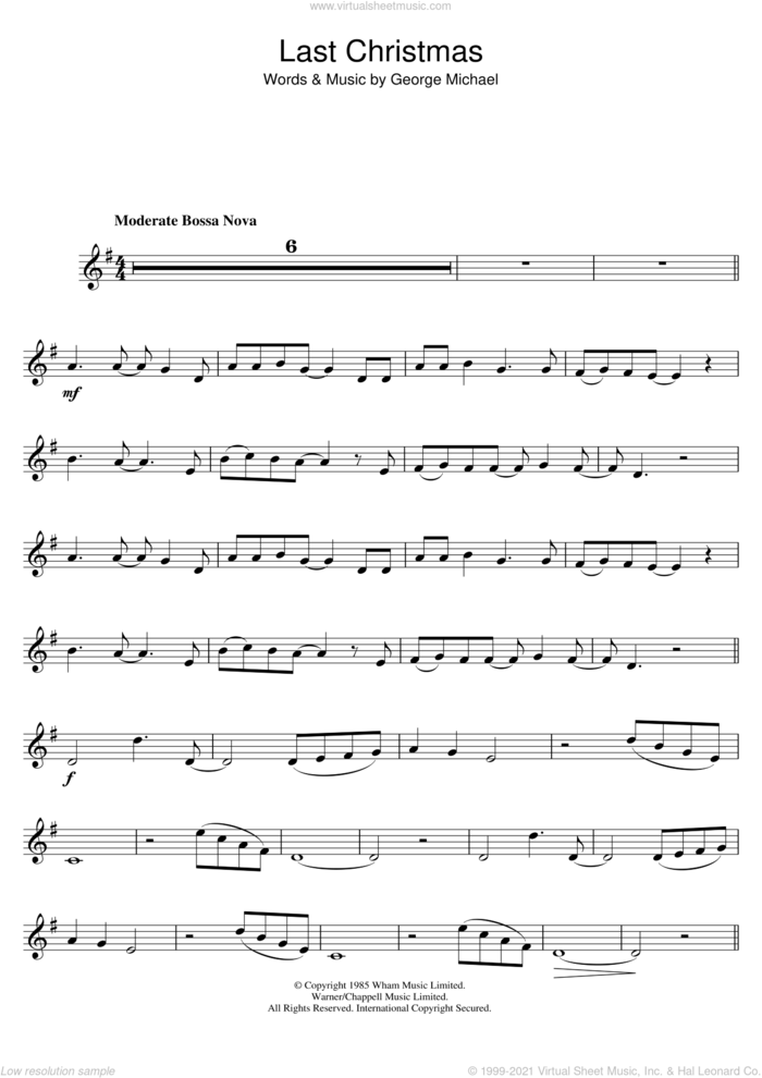 Last Christmas sheet music for trumpet solo by Wham!, Wham and George Michael, intermediate skill level