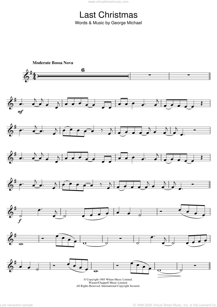 Last Christmas sheet music for trumpet solo by Wham!, Wham and George Michael, intermediate skill level