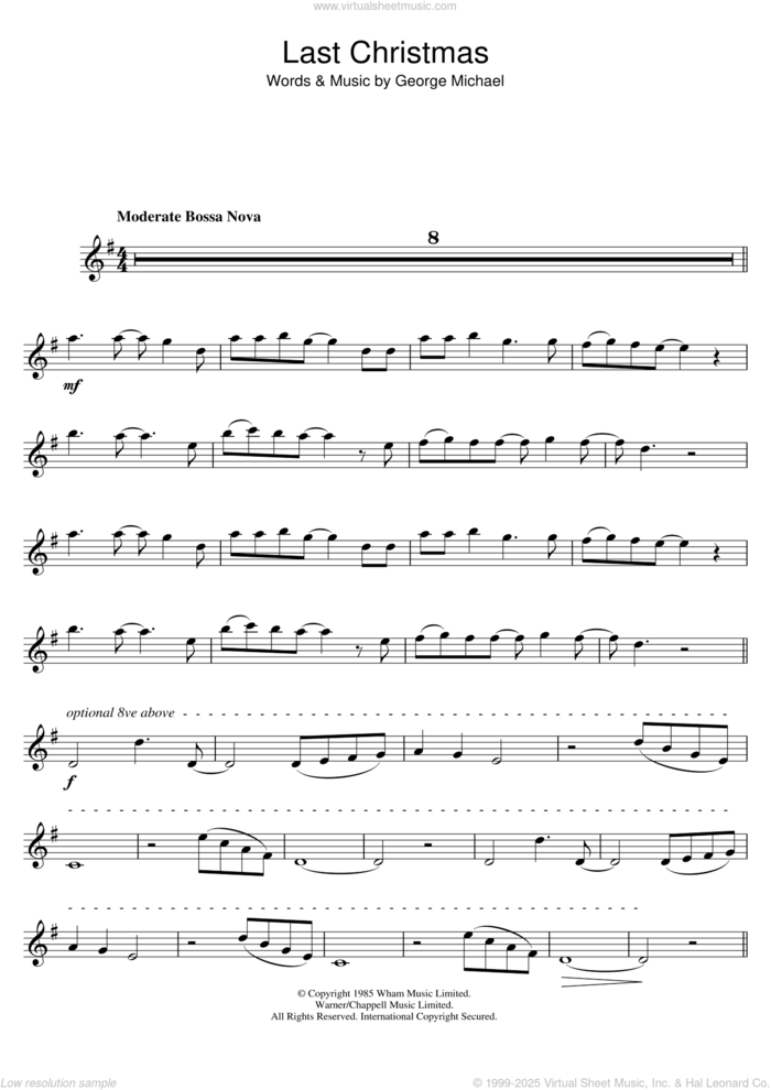 Last Christmas sheet music for tenor saxophone solo by Wham!, Wham and George Michael, intermediate skill level