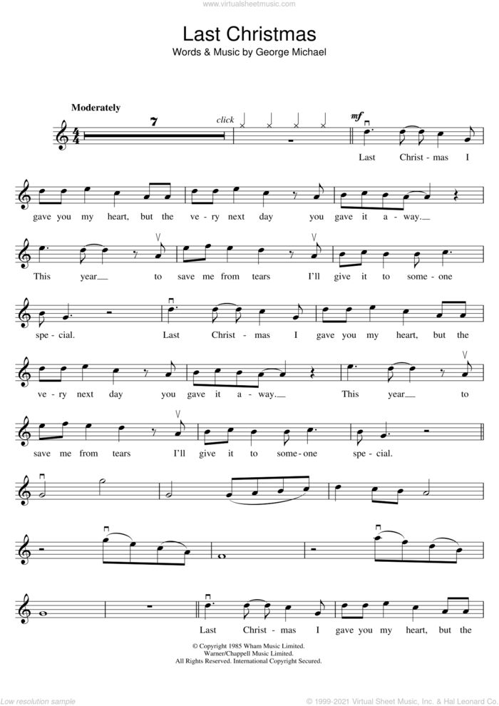Last Christmas sheet music for violin solo by Wham!, Wham and George Michael, intermediate skill level